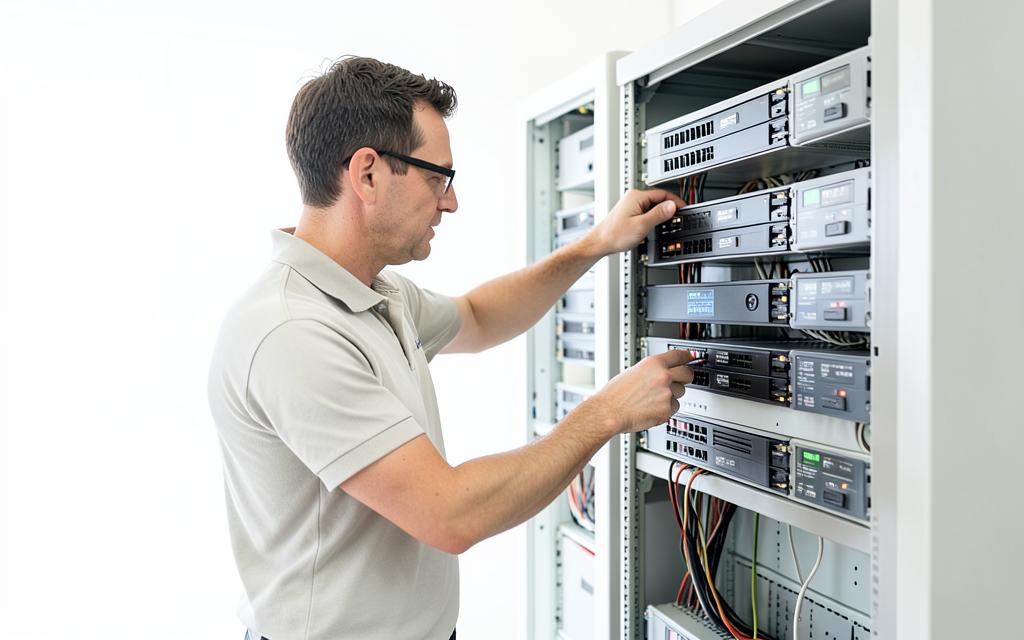 Unicorn IT Group engineer installing network equipment in a comms rack on site