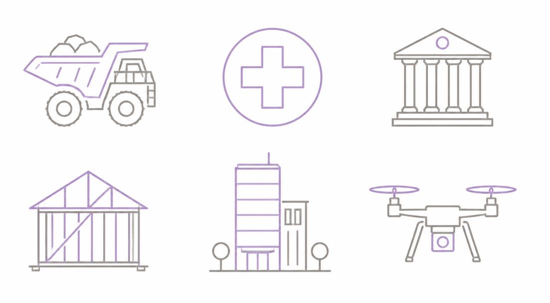 Icons representing the mining, healthcare, government, construction, corporate and drone sectors Unicorn IT Group supports