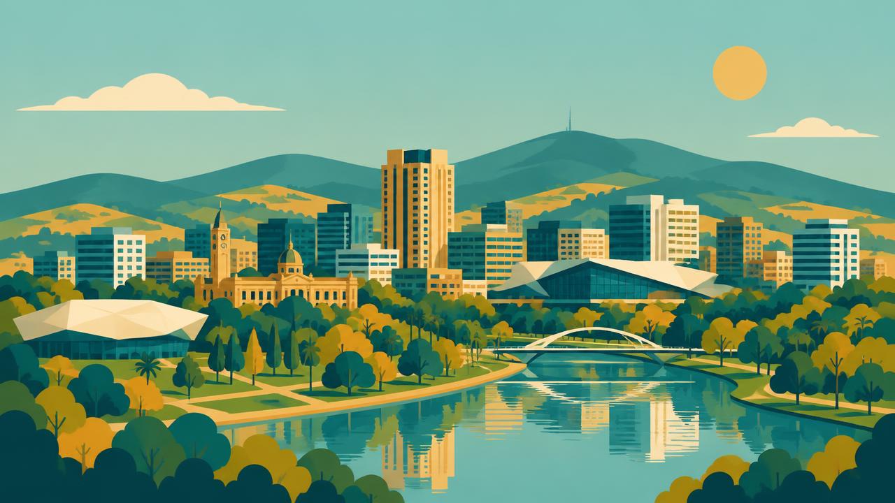 Illustrated Adelaide skyline with parklands and the Adelaide Hills behind