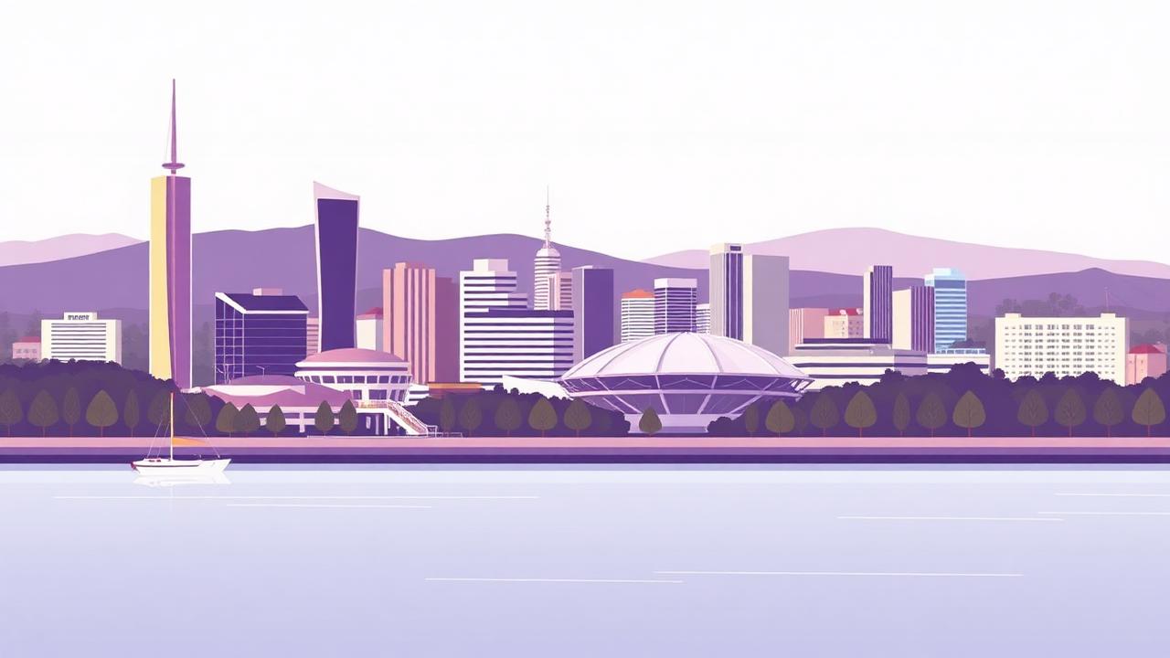 Illustrated Adelaide skyline with the Torrens River and Adelaide Hills