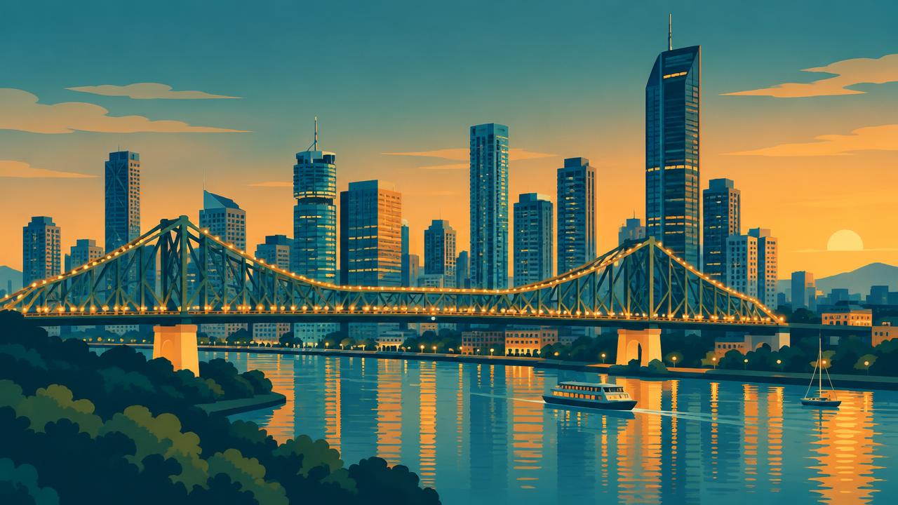 Illustrated Brisbane skyline along the river with the Story Bridge