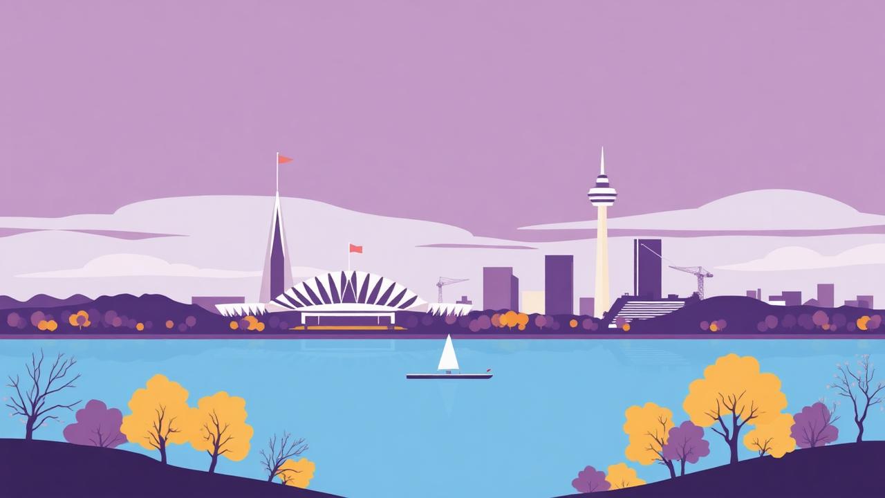 Illustrated Canberra skyline with Parliament House, Lake Burley Griffin and Telstra Tower