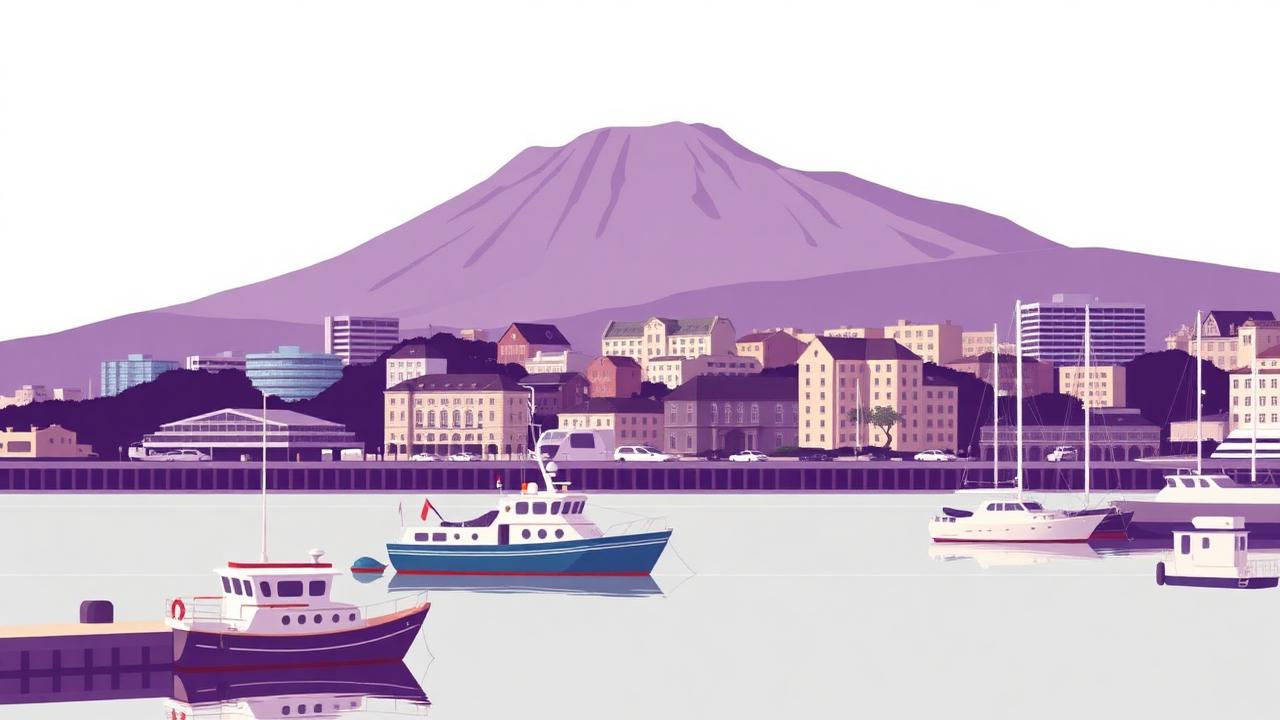Illustrated Hobart waterfront with kunanyi/Mount Wellington and moored boats