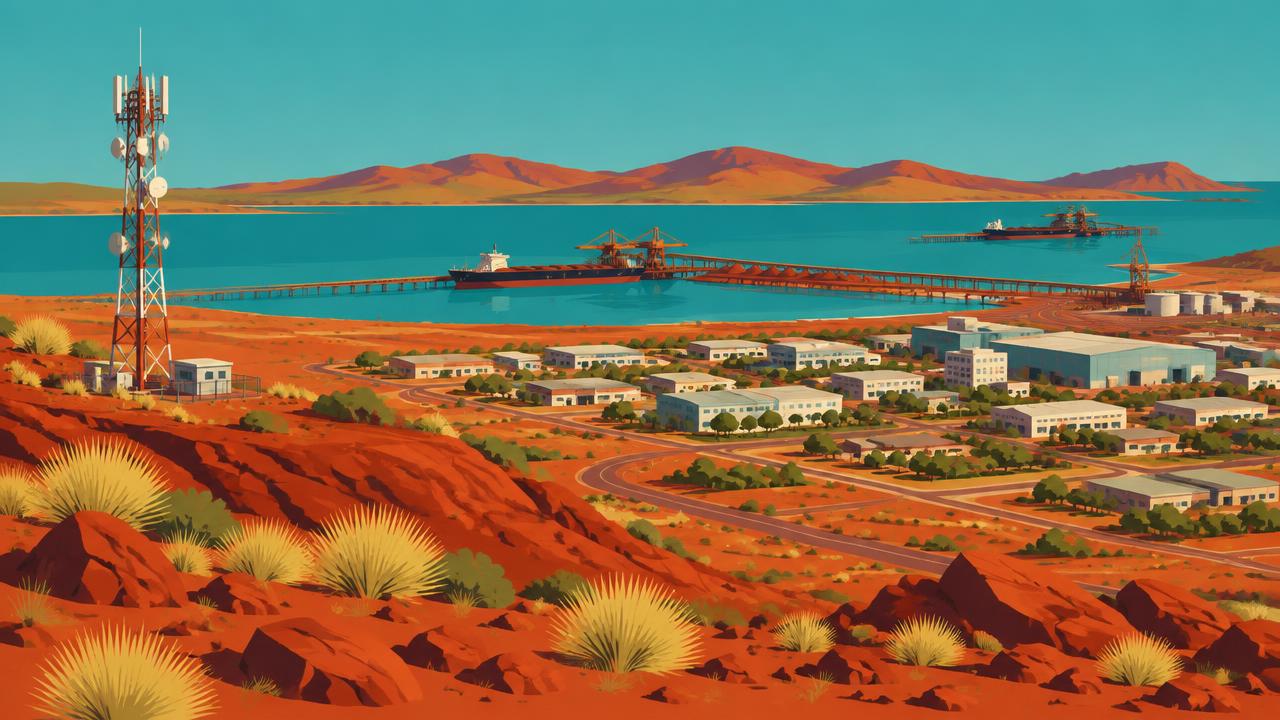 Illustrated Karratha coastline with iron ore port and red Pilbara ranges