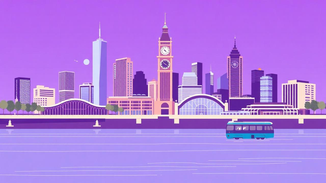 Illustrated Melbourne skyline with Flinders Street Station and the Yarra River