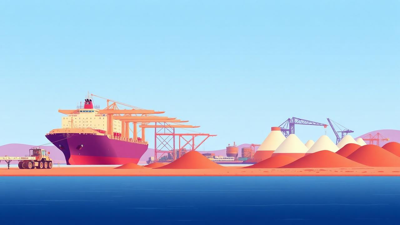 Illustrated Port Hedland harbour with bulk carriers, stacker reclaimers and red earth