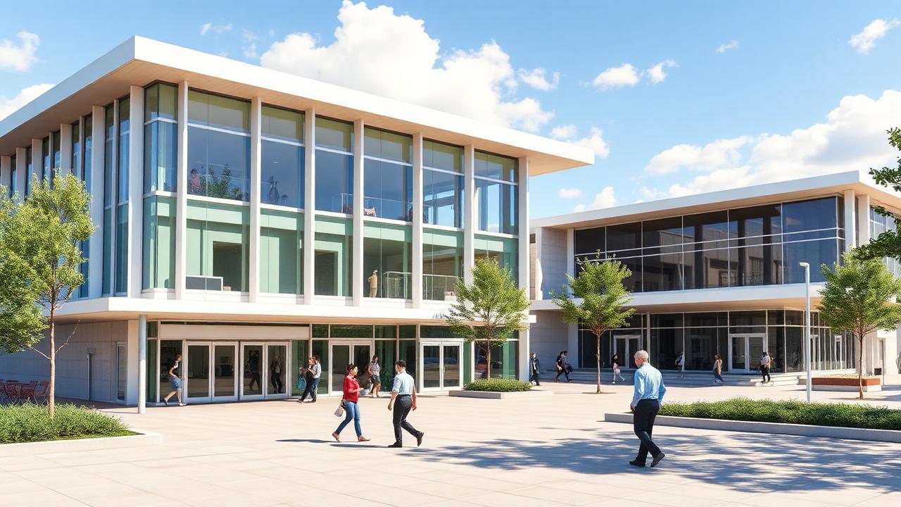 Modern Australian council administration building, library and community plaza