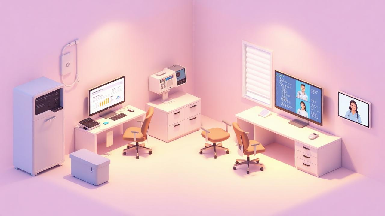 Modern medical clinic with secure computers, patient records system and telehealth screens