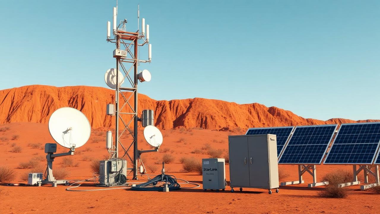 Remote mine site comms tower with microwave dishes, Starlink dish, solar panels and network cabinet