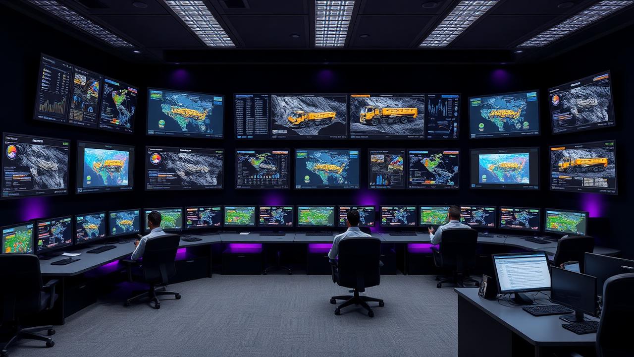 Mining remote operations centre with large monitors showing SCADA dashboards and fleet telemetry