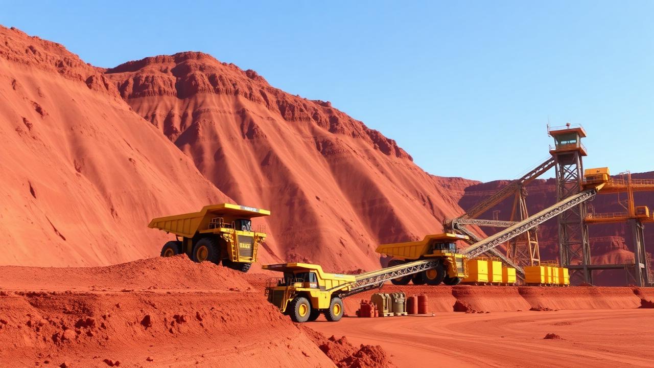 Open pit mine with haul trucks, excavator and ore processing plant