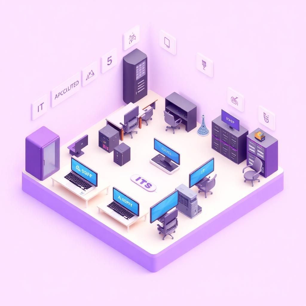 IT procurement illustration showing laptops, monitors, servers and office furniture