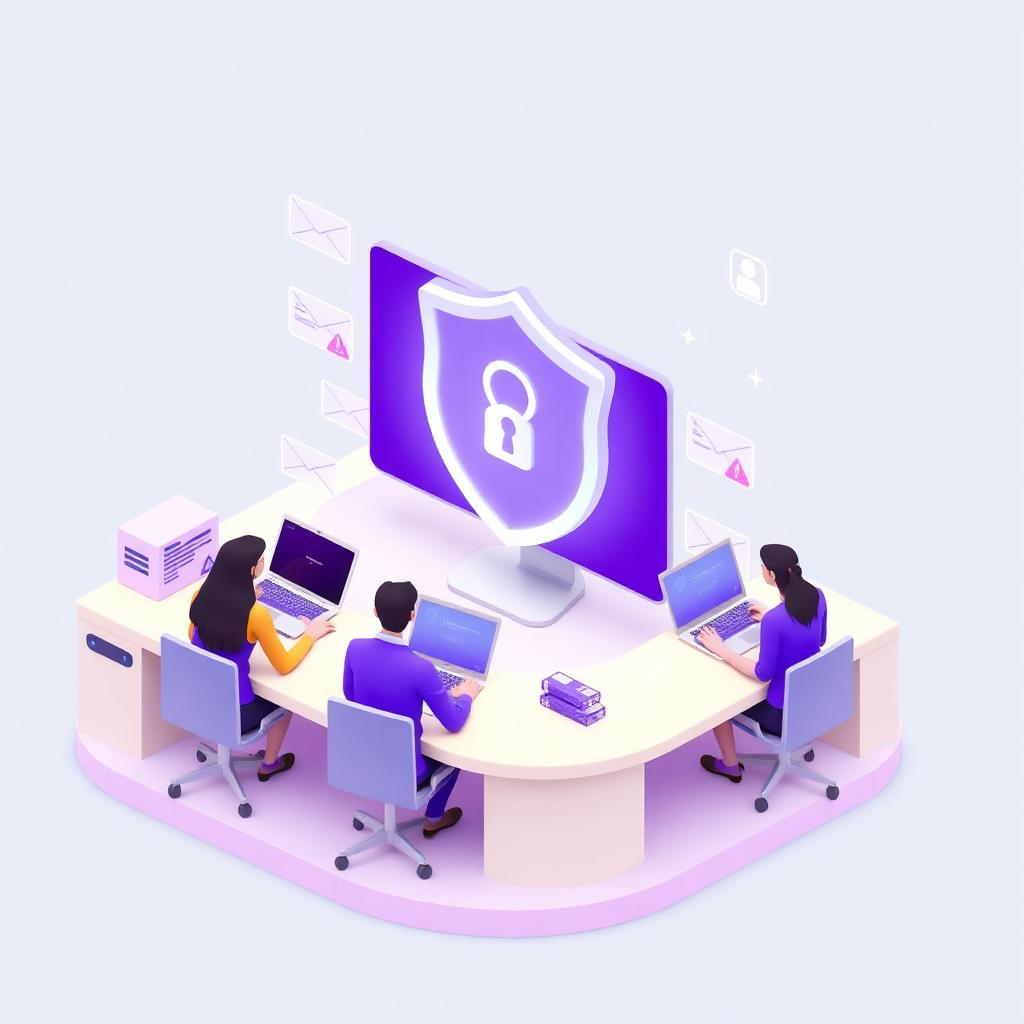 Security awareness training illustration with team at desks and a shield on a large screen
