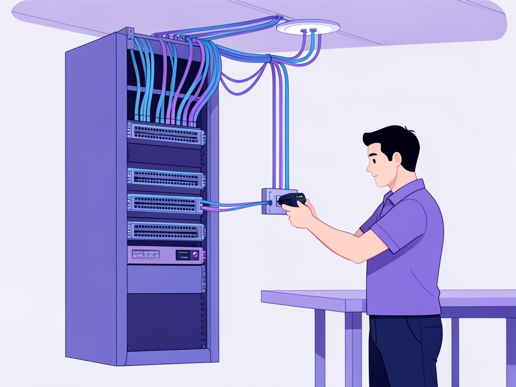 Unicorn IT Group technician testing structured data cabling at a patch panel in a server rack