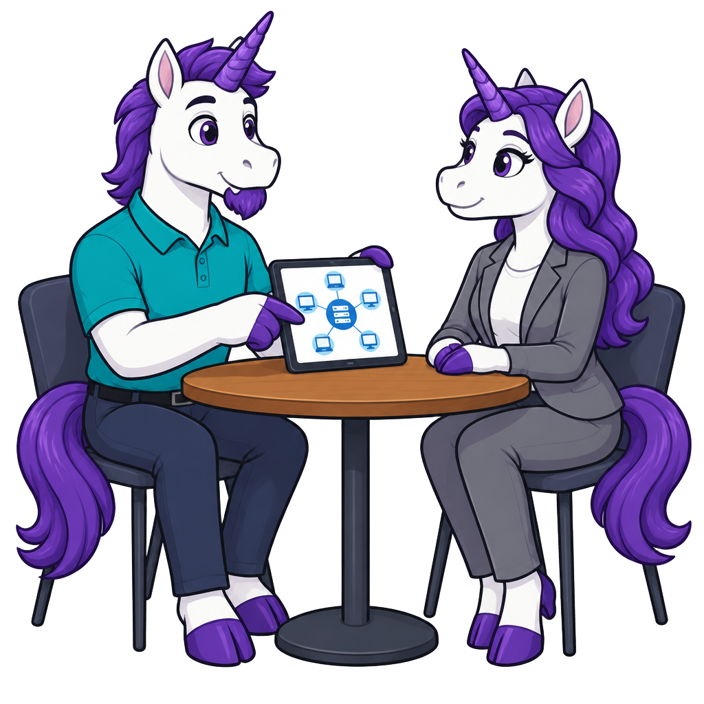 Cheeky unicorn consultant talking through a network diagram on a tablet with a client