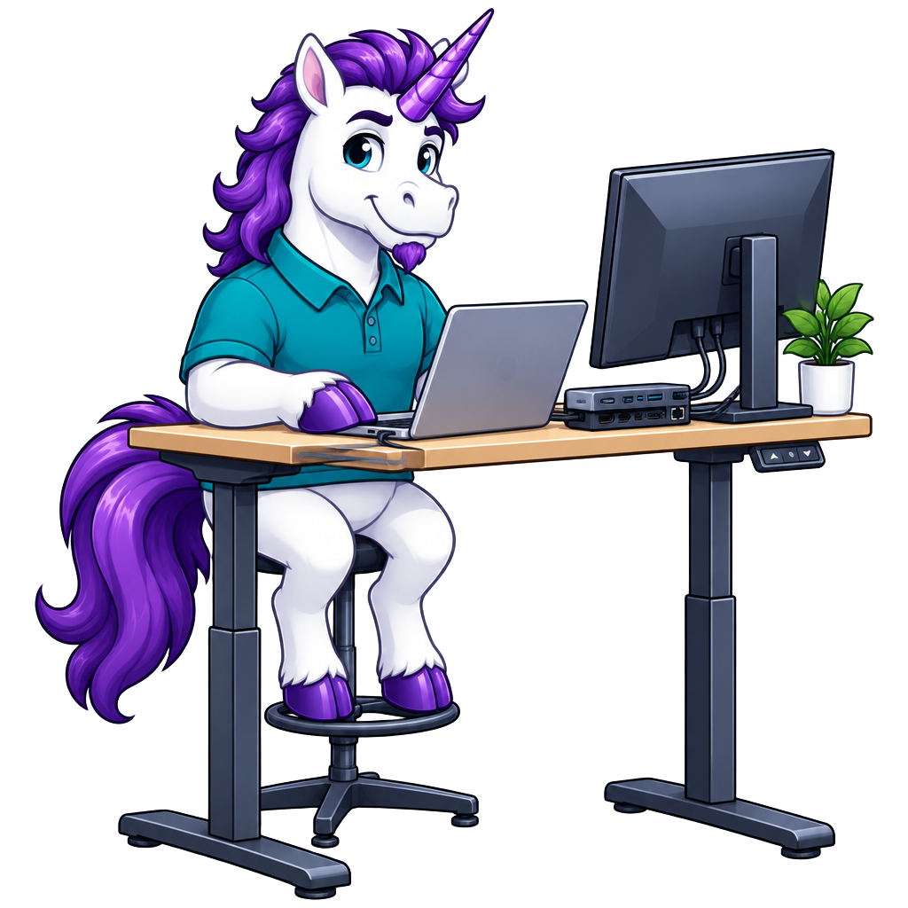 Cheeky unicorn technician typing at a laptop on an adjustable standing desk