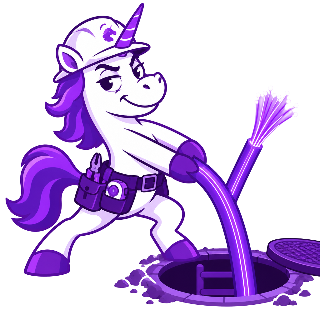 Cheeky unicorn pulling glowing fibre optic cable from a pit