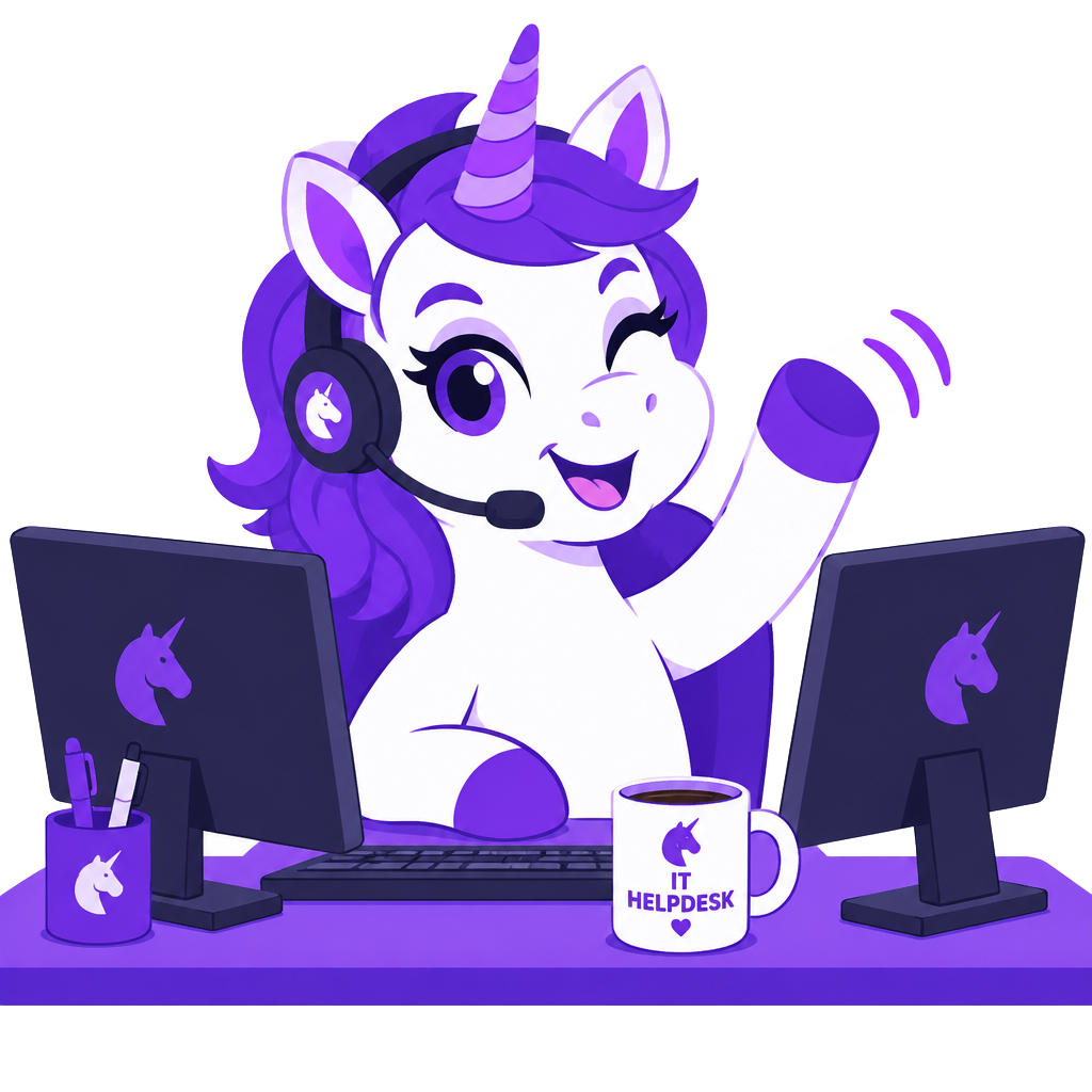 Cheeky unicorn helpdesk agent with a headset waving