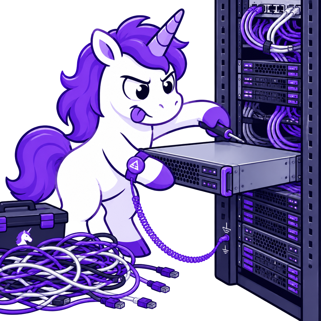 Cheeky unicorn technician racking a server